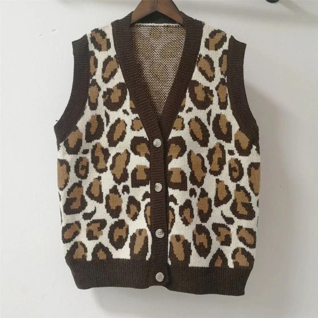 Vintage Animal Print V-neck Knitted Sweater Vest Top