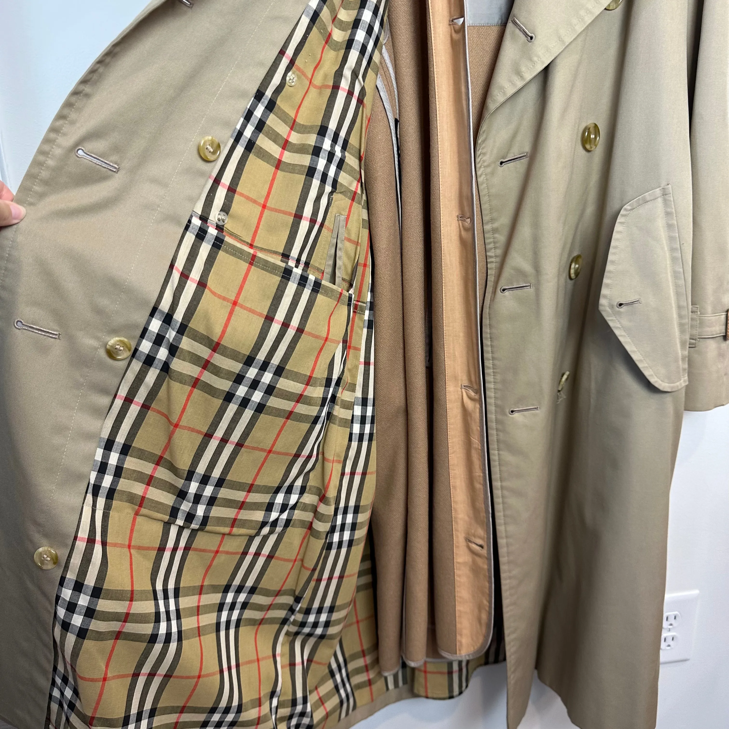 Vintage Burberry Trench Coat Long Nova Check Removable Wool Lining 36 Regular