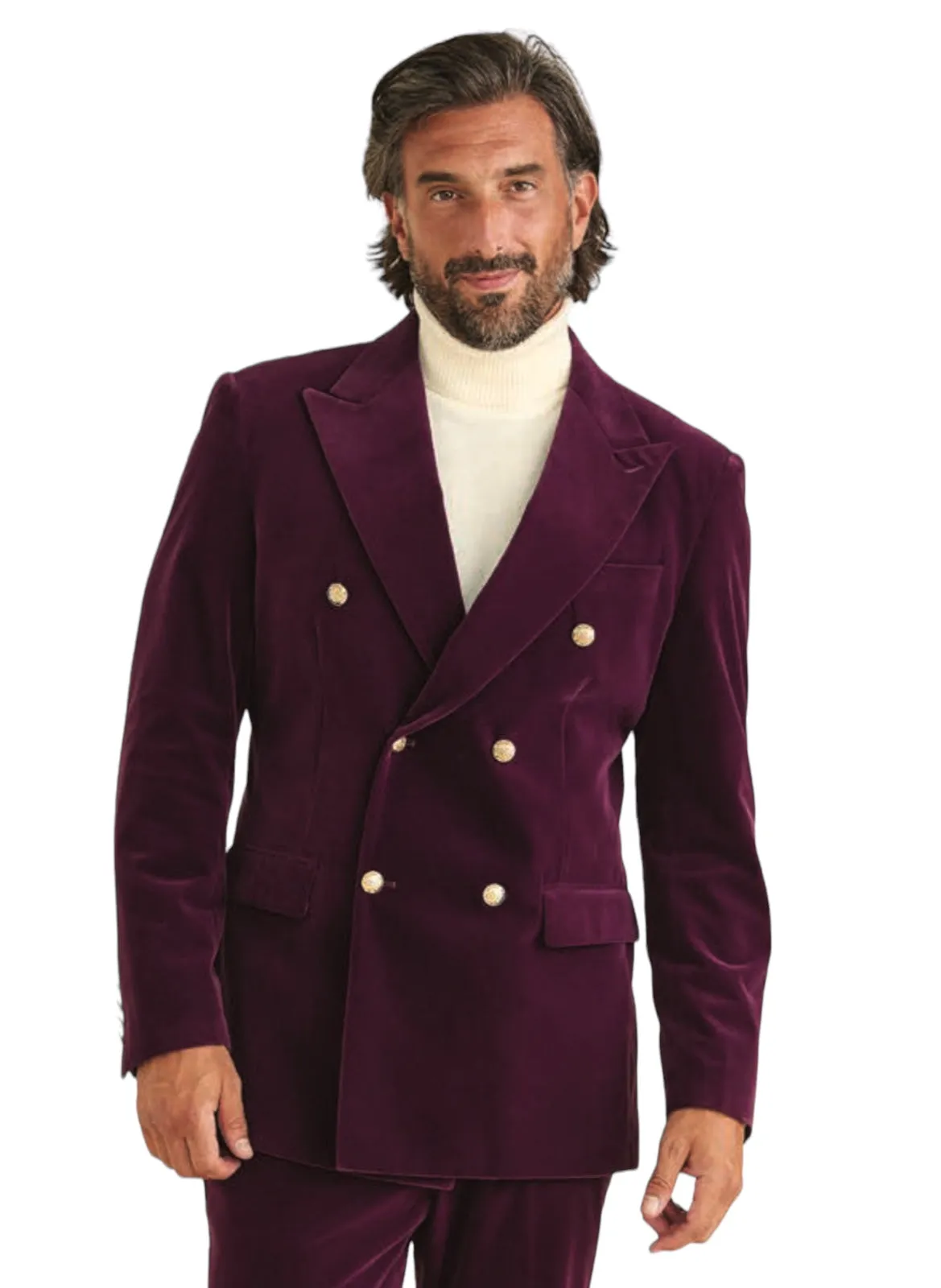 Violet Inserch Double Breasted Peak Lapel Velvet Blazer with Gold Buttons