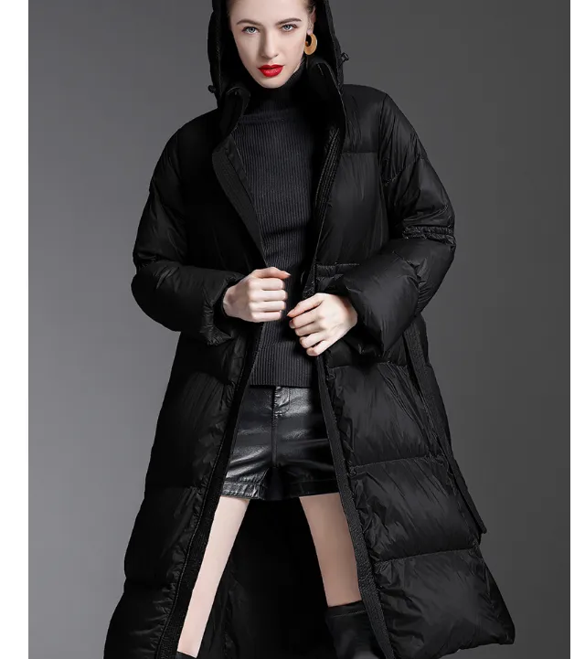 Waist Belt Long Puffer Coat Hooded Women Loose Jacket Women Down Coat 65237