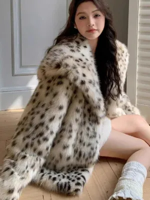 Wenkouban-Winter outfits Christmas Lapel Open Stitch Faux Fur Leopard Print Coat