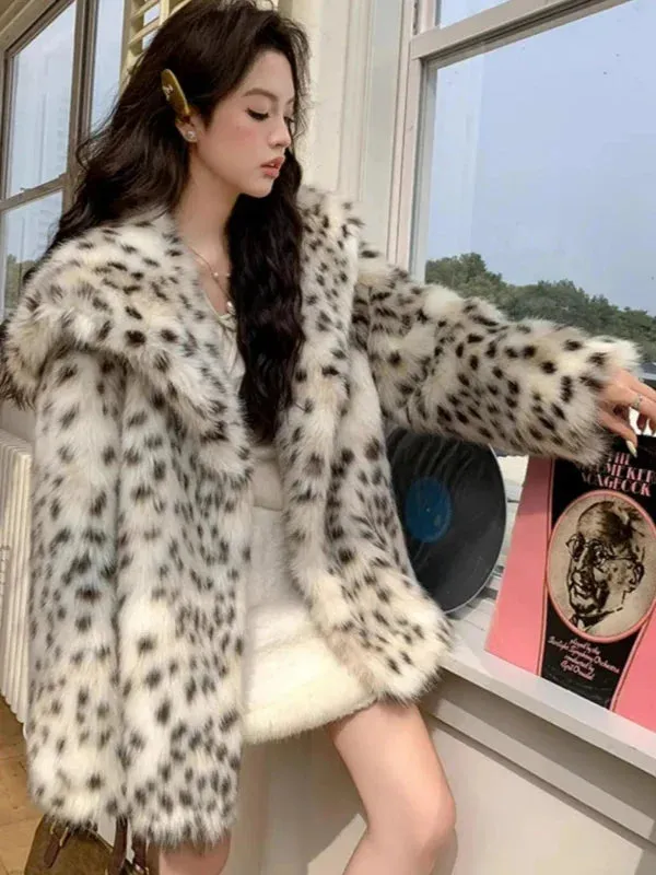 Wenkouban-Winter outfits Christmas Lapel Open Stitch Faux Fur Leopard Print Coat