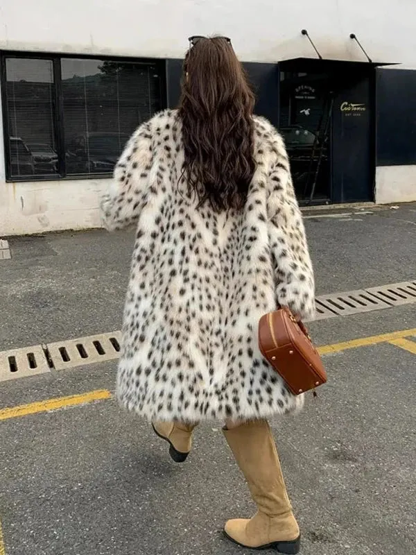 Wenkouban-Winter outfits Christmas Lapel Open Stitch Faux Fur Leopard Print Coat