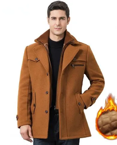 Winter Men's Casual Wool Trench Coat Fashion Business Medium Solid Thicken Slim Windbreaker Overcoat Jacket Male Plus Size 2XL JATJ05