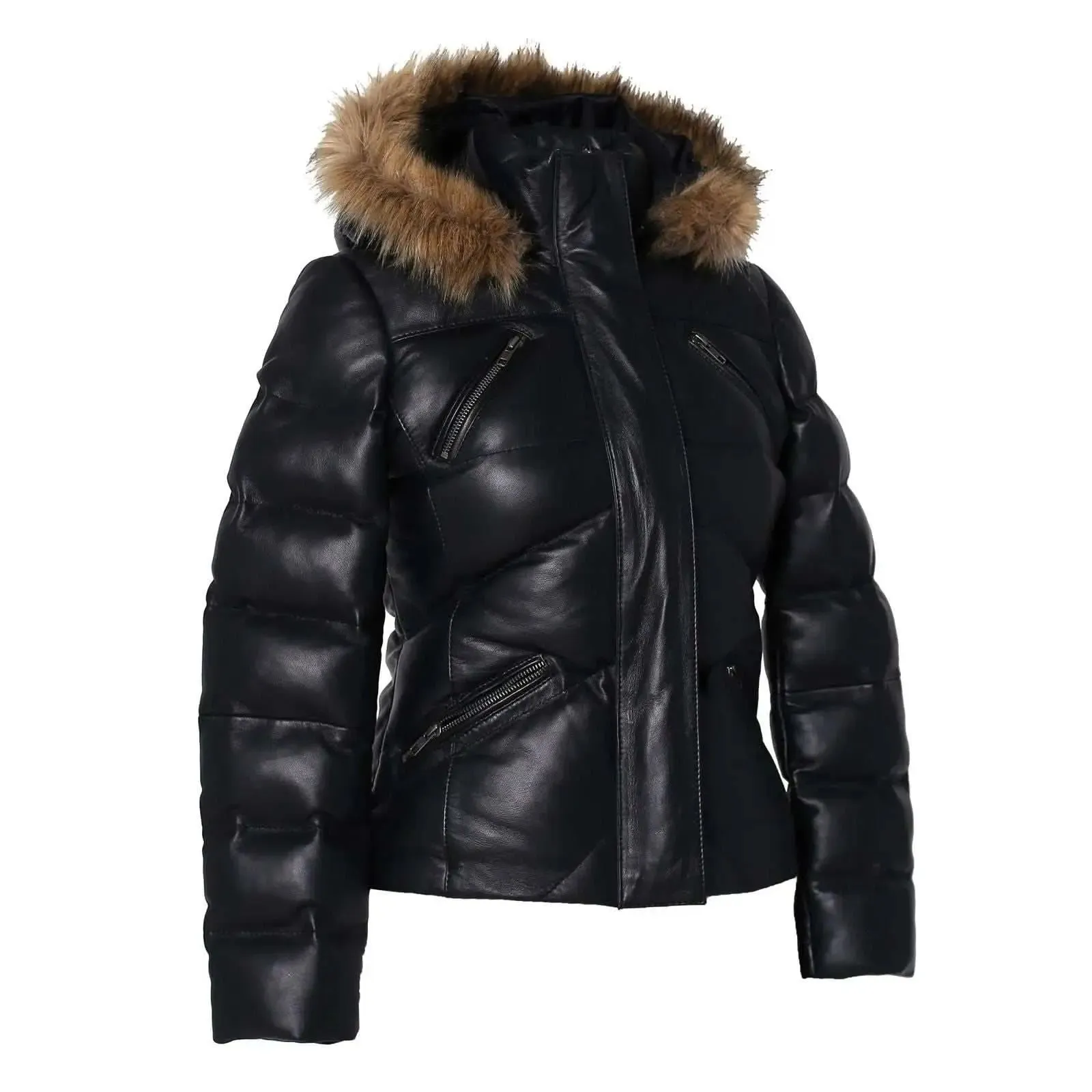 Women's Jocelyn Luxe Black Faux Leather Puffer Coat with Removable Fur Hood