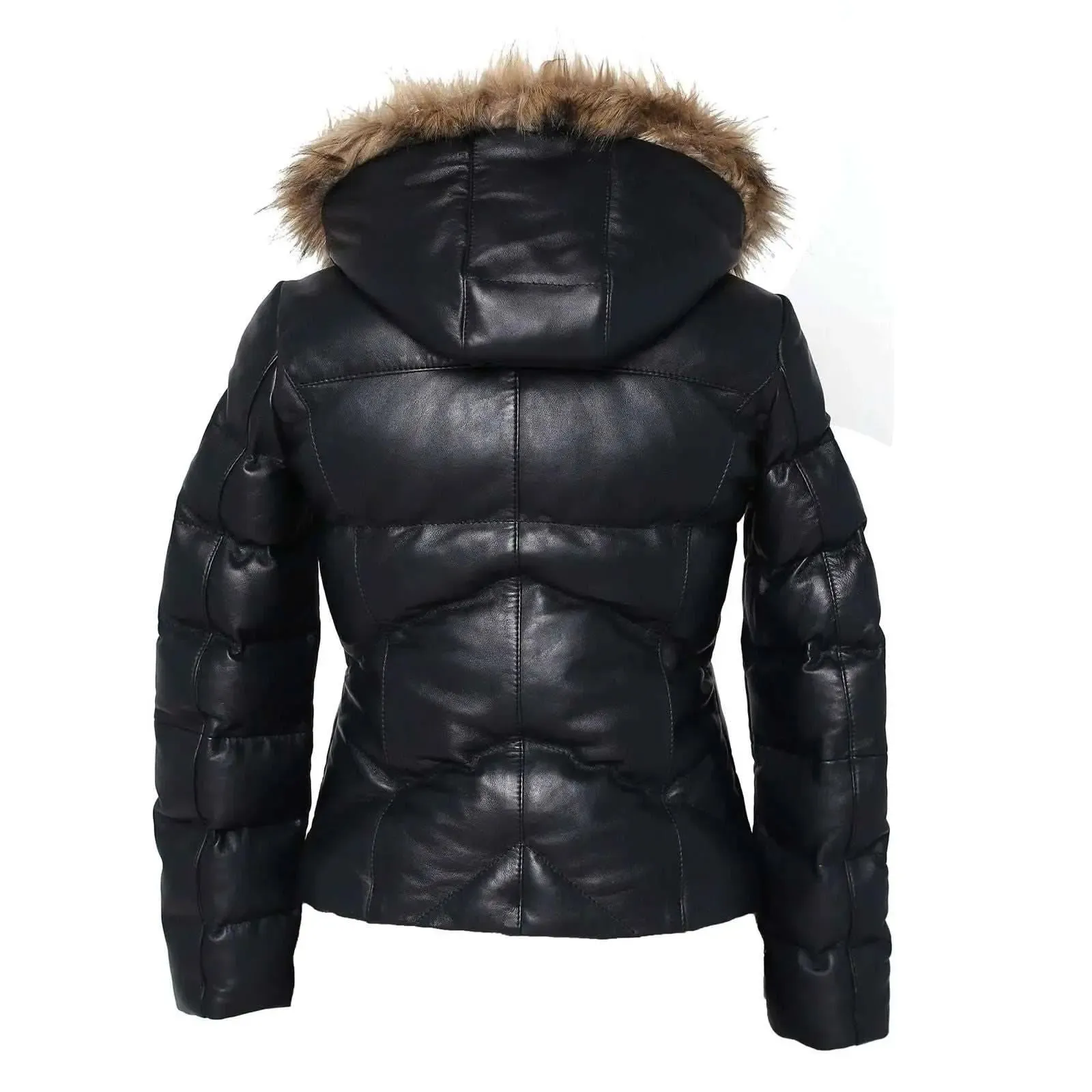 Women's Jocelyn Luxe Black Faux Leather Puffer Coat with Removable Fur Hood