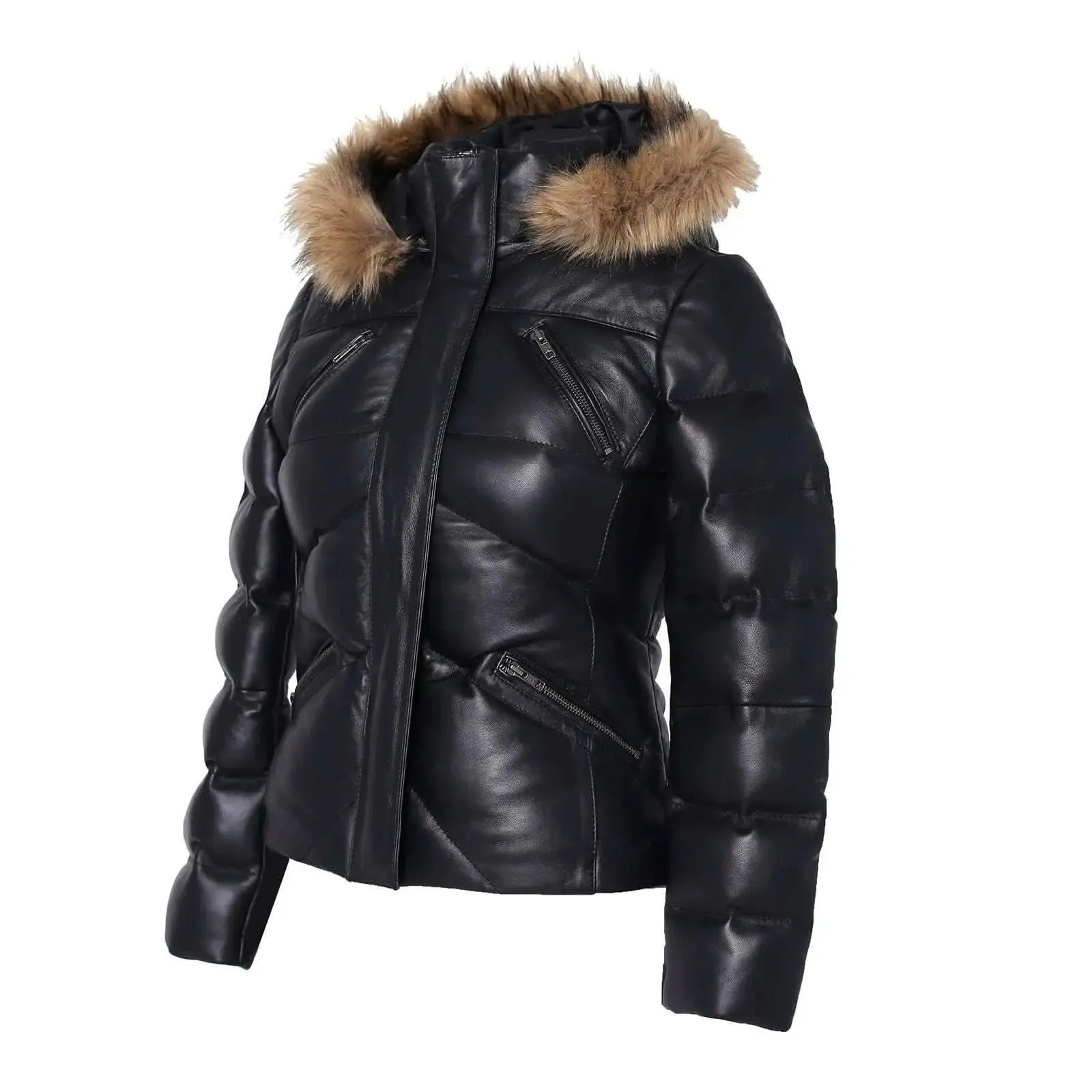 Women's Jocelyn Luxe Black Faux Leather Puffer Coat with Removable Fur Hood