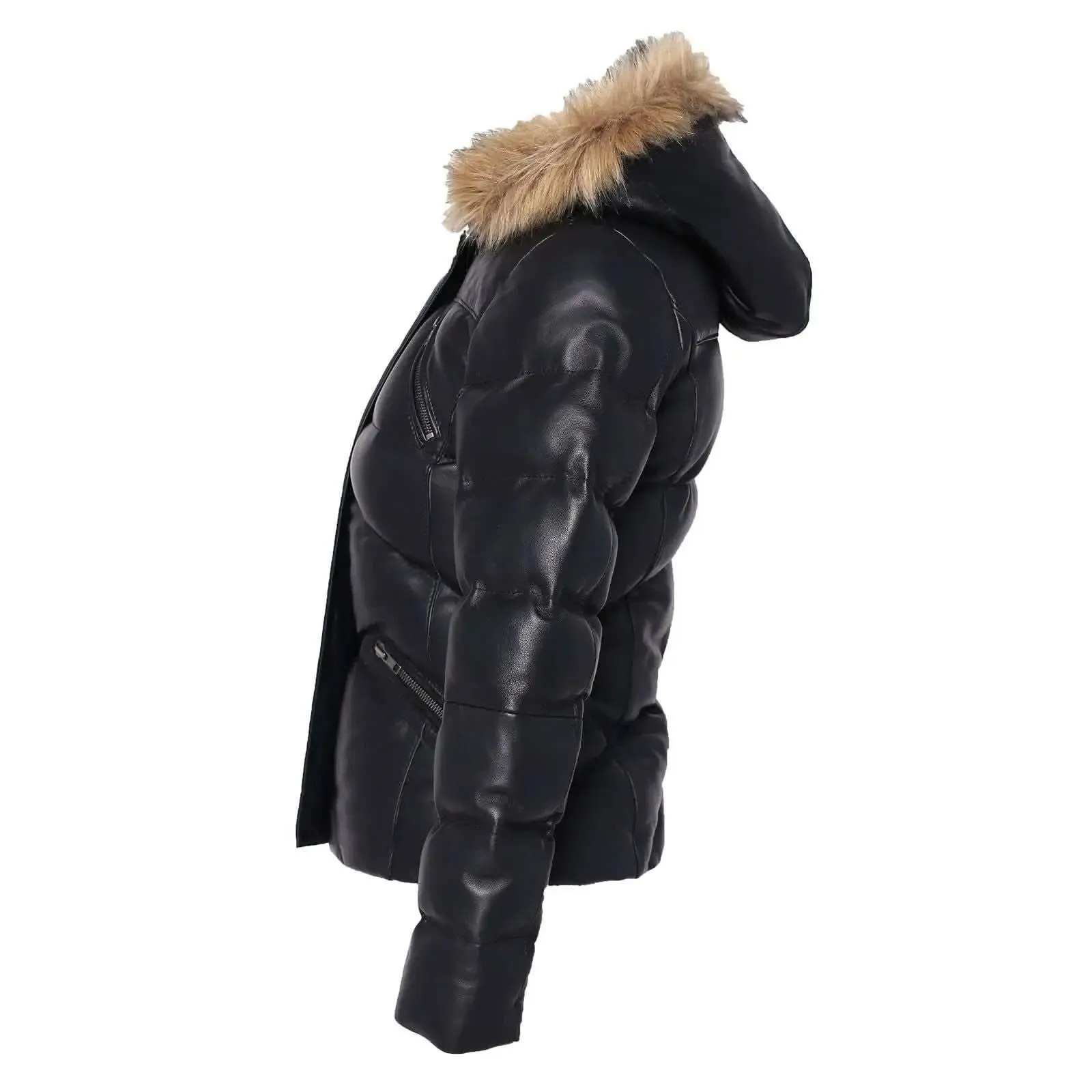 Women's Jocelyn Luxe Black Faux Leather Puffer Coat with Removable Fur Hood