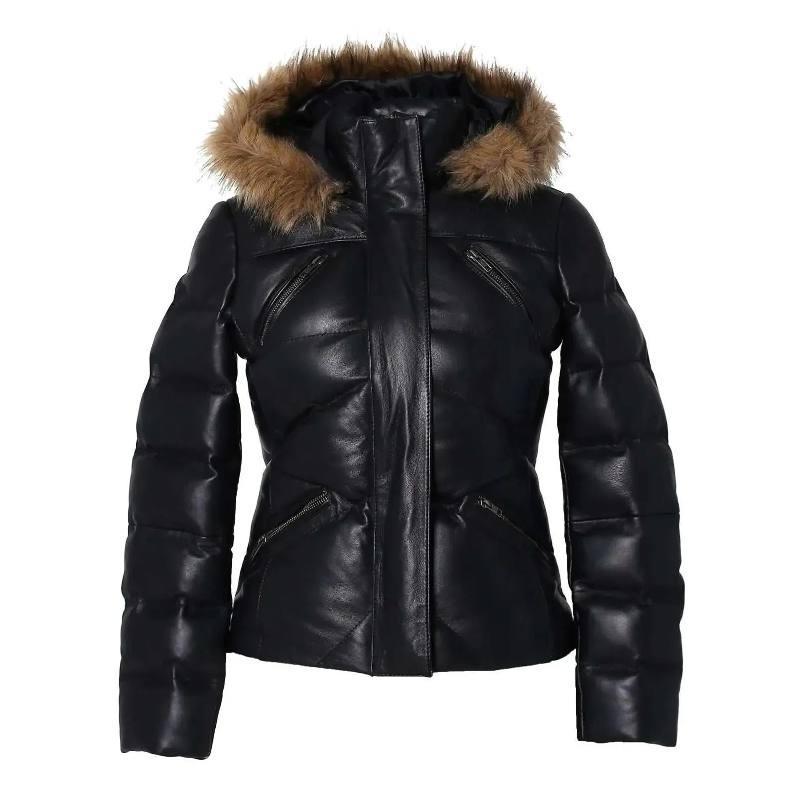 Women's Jocelyn Luxe Black Faux Leather Puffer Coat with Removable Fur Hood