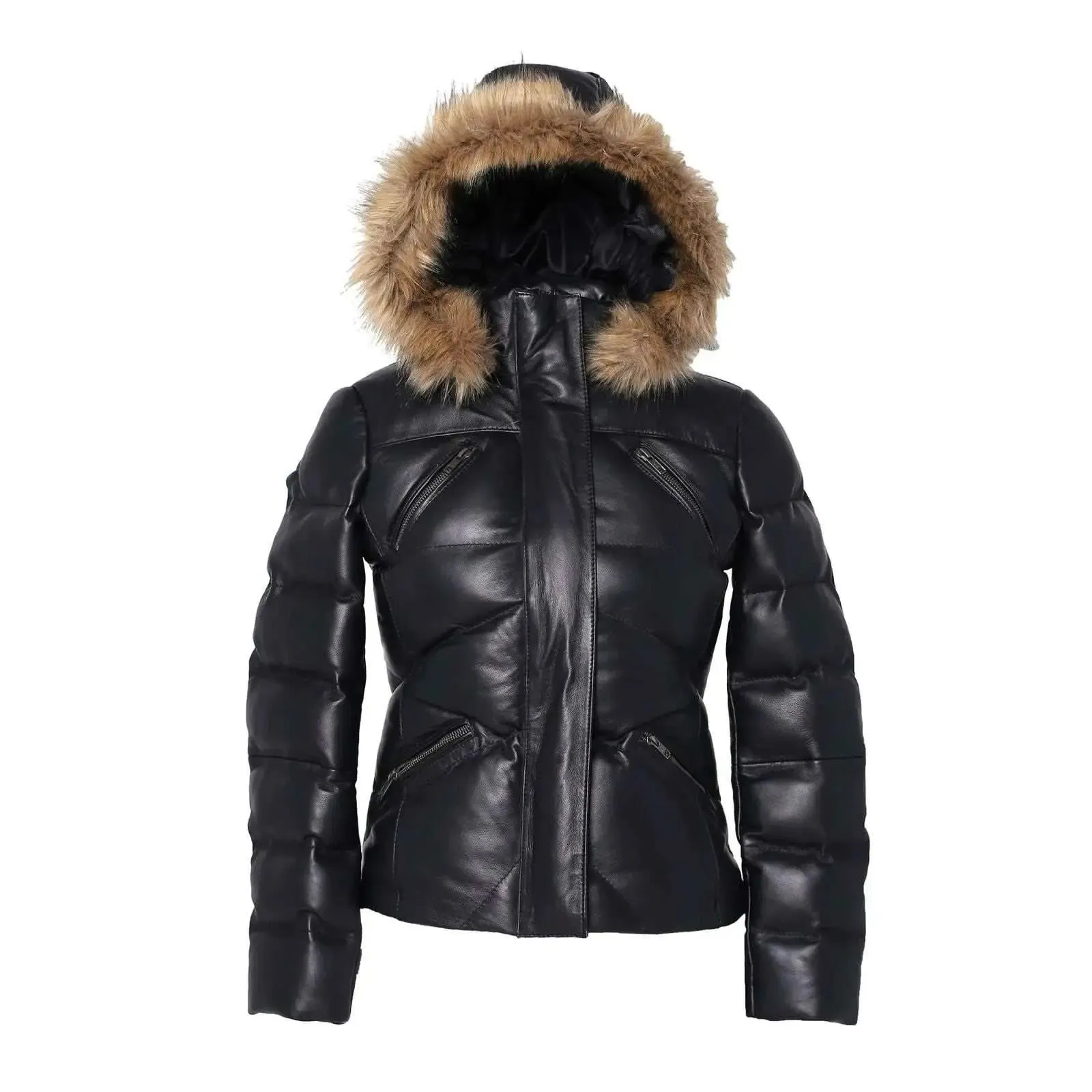 Women's Jocelyn Luxe Black Faux Leather Puffer Coat with Removable Fur Hood