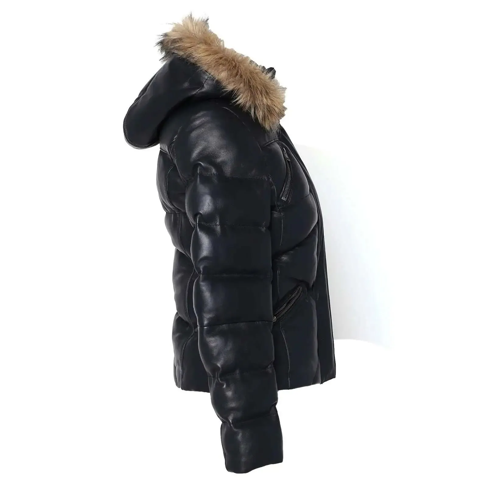 Women's Jocelyn Luxe Black Faux Leather Puffer Coat with Removable Fur Hood