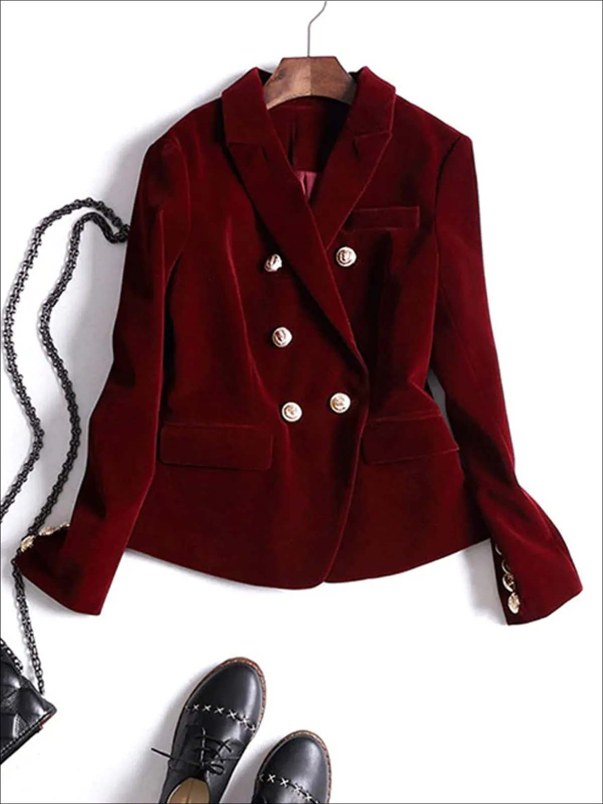 Women's Velvet Blazer (Burgundy And Black)