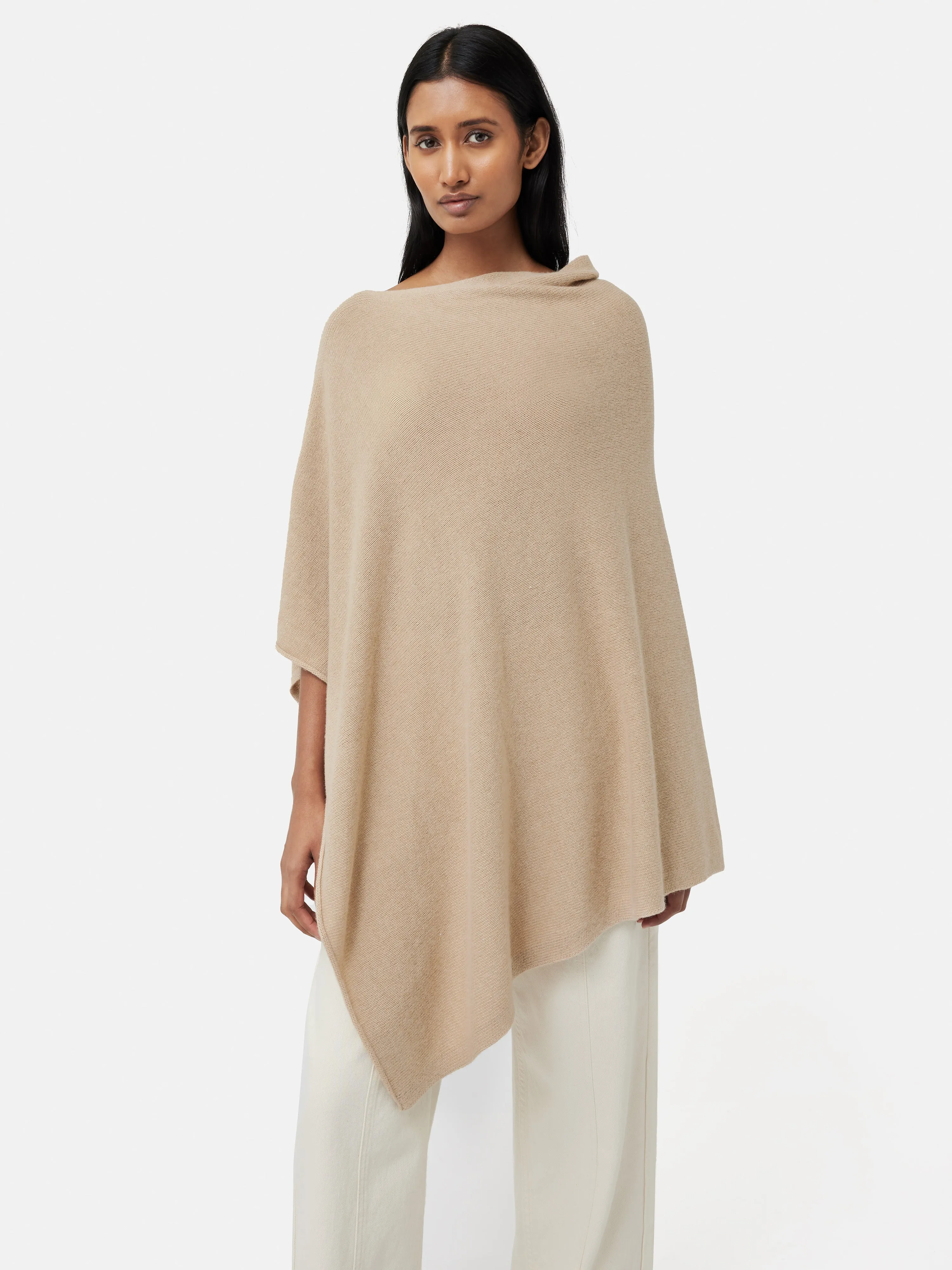 Wool Cashmere Blend Drape Poncho | Beige